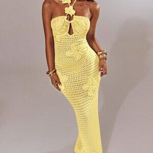 Yellow Sexy Women's Hollow-Out Floral Decor Halter Knitted Vacation Dress